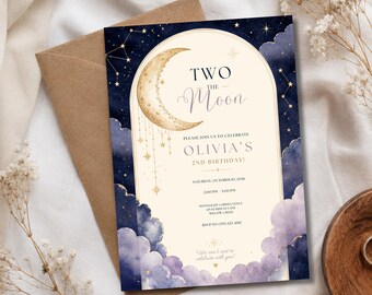 Two the Moon Birthday Invitation Template, Celestial 2nd Birthday Invite, Moon and Stars Birthday Party Invitation