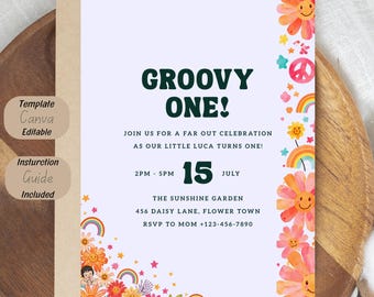 Groovy One Birthday Invitation Template, Retro First Birthday Invite, Editable Groovy One Party Invitation
