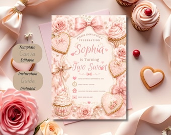 Two Sweet Birthday Invitation Template, Coquette Birthday Invitation, Pink Bow Birthday Invite, Sweet Treat Party Invitation