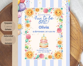 Fun to Be One Birthday Invitation Template, Whimsical Sunshine First Birthday Invite (Digital Download)
