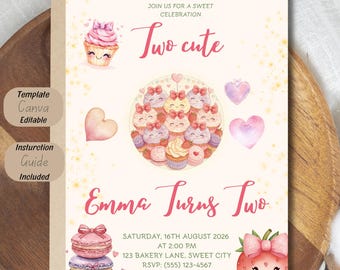 Two Cute Birthday Invitation Template | Cupcake Birthday Party Invite | Sweet Bakery 2nd Birthday Invitation
