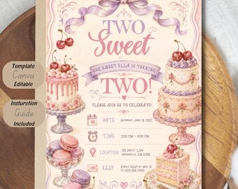 Two Sweet Birthday Invitation Template, Cherry Birthday Invitation, Sweet Bakery Birthday Party Invite, Editable 2nd Birthday Invitation
