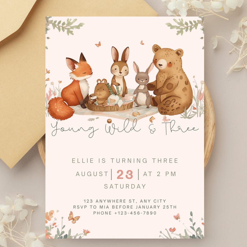 May include: A light pink birthday invitation with watercolor illustrations of woodland animals. The text "Young Wild & Three" is above the party details, including the date, time, and RSVP information.