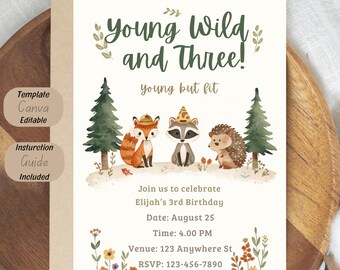 Young Wild Three Woodland Animals Birthday Invitation Template (Canva Editable)