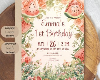 Floral Watermelon Birthday Invitation Template, Garden Party Invite (Canva Editable)