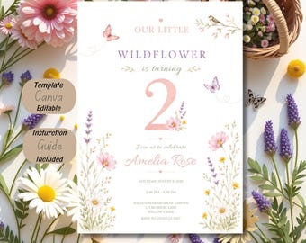 Zwei Wildblumen Geburtstagseinladungsvorlage, Wildblumen 2. Geburtstag einladen, bearbeitbare Blumengeburtstagseinladung