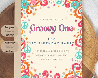 Groovy One Birthday Invitation Template, Retro Hippie First Birthday Invite, Editable Peace Sign Birthday Party Invitation