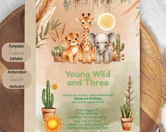 Young Wild and Three Boho Safari Invitation, Watercolor Animals (Digital Download)