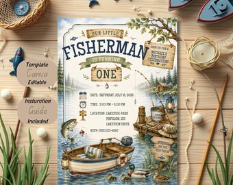 Little Fisherman 1st Birthday Invitation, Gone Fishing Birthday Invite, Fishing Theme First Birthday Party, Lake Adventure Boy Birthday