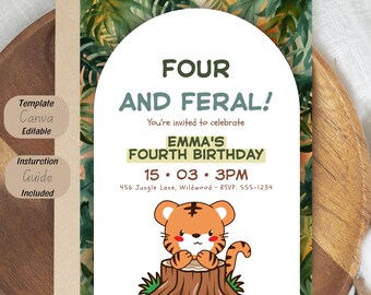 Four and Feral Birthday Invitation, Jungle Tiger Safari Kids Party Template (Editable)