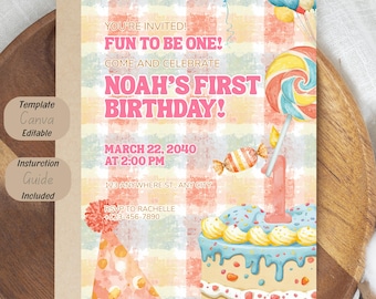 Fun to Be One Birthday Invitation Template, Whimsical Candy First Birthday Invite (Digital Download)