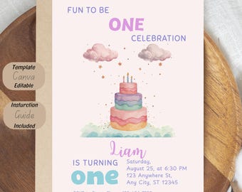 Fun to Be One Birthday Invitation Template, Pastel Rainbow Cake, Editable Canva Invite