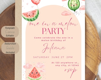 Watermelon Birthday Invitation Template, One in a Melon First Birthday Invite (Canva Editable)