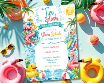 Two Splash Birthday Invitation Template, Water Park Birthday Invitation, Pool Party Invitation, Summer Birthday Invite, Splash Party