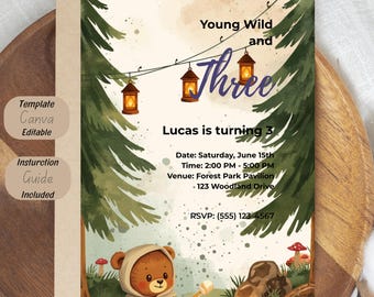 Woodland Bear Birthday Invitation, Young Wild Three Camping Party Template (Editable)