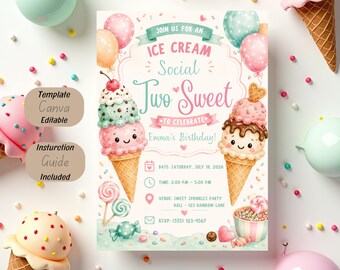 Two Sweet Birthday Invitation Template, Ice Cream Social Birthday Invite, Sweet Treat Party Invitation, Pastel Ice Cream Birthday Card