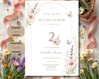 Zwei Wildblumen Geburtstagseinladungsvorlage, bearbeitbare Blumen zum 2. Geburtstag einladen, Wildblumen Cottagecore Geburtstagseinladung