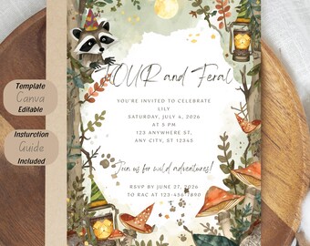 Woodland Raccoon Birthday Invitation, FOUR and Feral Party Invite, Editable Forest Animal (Digital Download)