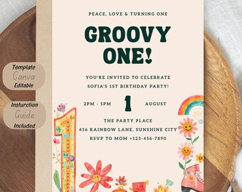 Groovy One Birthday Invitation Template, Retro First Birthday Invite, Peace Love and Turning One Party Invitation
