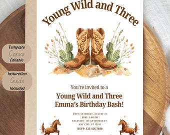 Young Wild and Three Western Birthday Invitation, Editable Cowboy Cowgirl Invite (Digital Download)