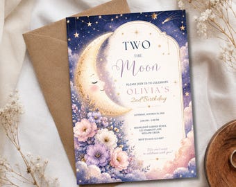 Two the Moon Birthday Invitation Template, Floral Celestial 2nd Birthday Invite, Moon and Wildflower Birthday Party Invitation