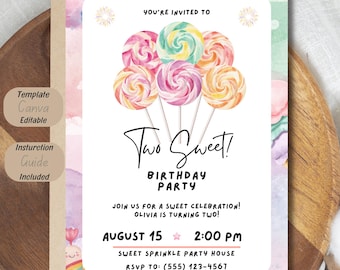 Two Sweet Birthday Invitation Template, Candyland Birthday Invite, Lollipop Party Invitation, Sweet Shop Birthday Canva Template
