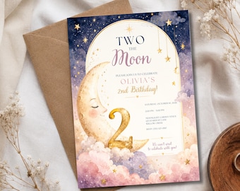 Two the Moon Birthday Invitation Template, Celestial 2nd Birthday Invite, Moon and Stars Party Invitation
