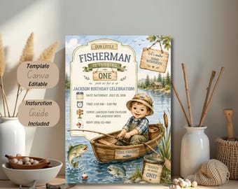 Little Fisherman 1st Birthday Invitation, Fishing Birthday Invite, Gone Fishing First Birthday Party, Lake Adventure Boy Birthday