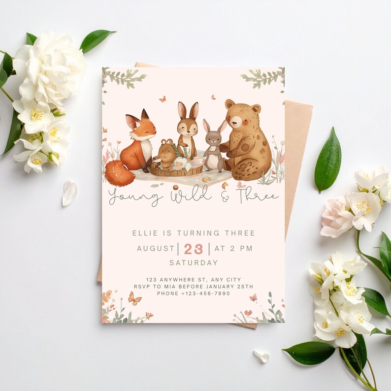 May include: A light pink birthday invitation with watercolor illustrations of woodland animals, including a fox, rabbits, and a bear. The text reads "Young Wild & Three" and includes party details.