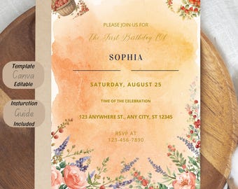Berry First Birthday Invitation Template, Elegant Floral Garden Party (Digital Download)