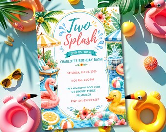 Two Splash Birthday Invitation Template, Pool Party Birthday Invite, Summer Pool Birthday Invitation, Tropical Splash Party