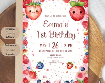 Editable Strawberry Birthday Invitation, Kawaii Berry First Birthday Card (Digital Download)