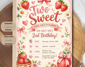 Two Sweet Birthday Invitation Template, Strawberry 2nd Birthday Invite, Berry Sweet Second Birthday Party