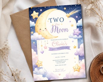Two the Moon Birthday Invitation Template, Cute Moon and Stars 2nd Birthday Invite, Kawaii Celestial Birthday Party Invitation
