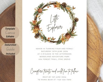 Woodland Explorer Birthday Invitation, Rustic Boho Forest Party Invite (Canva Editable)