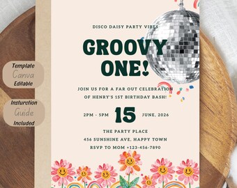 Groovy One Birthday Invitation Template, Disco Daisy First Birthday Invite, Retro Smiley Flower Birthday Party Invitation