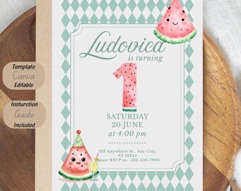 Watermelon Birthday Invitation Template, First Birthday Invite, Summer Picnic Party (Canva Editable)