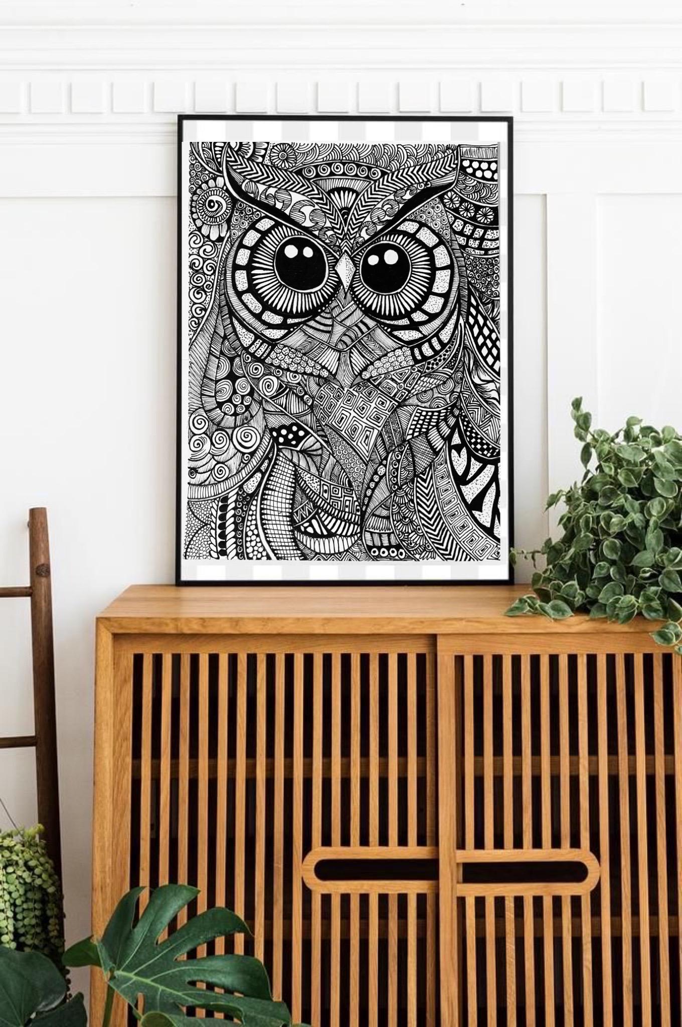 Owl Mandala Wall Art Print | Intricate Zentangle Black & White Drawing | A3 Owl Illustration | B