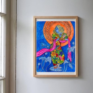 Hand-Painted Krishna Folk Art Print – Radha Krishna Indian Wall Decor Gift
