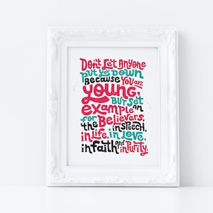 1 Timothy 4:12 Don&#39;t Let Anyone Put You Down Because You are Young Bible Verse Wall Art | Christian Kids Room | Nursery Bible Verse