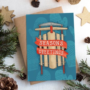Season&#39;s Greetings Christmas Card Download | Vintage Sled Card | Sledding Holiday Card | Vintage Christmas Card | Illustrated Christmas