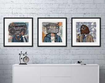 Vintage Radio Art Set of 3, Boombox Art, Music Studio Art, Gifts for Musicians, Music Themed Gifts, Retro Radio Decor,Teen Room Art