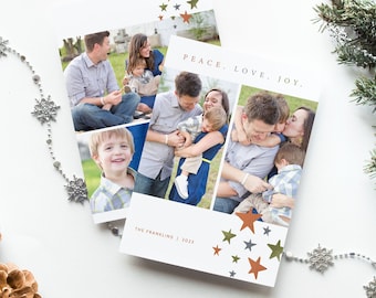 Peace Love Joy Christmas Family Photo Card | Stars Holiday Card with Photos | Modern Family Christmas Card | Minimalist Christmas Photo Card