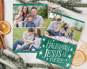 Hallelujah Jesus is Here Christmas Photo Card Template Christian | Religious Christmas Card Template | Celebrating Jesus Birth Card