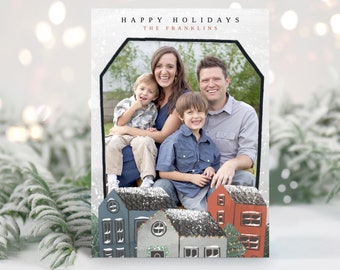 Christmas House Card Download | Holiday Winter Village Family Christmas Photo Cards | Holiday Photo Card Template Pictures | Happy Holidays