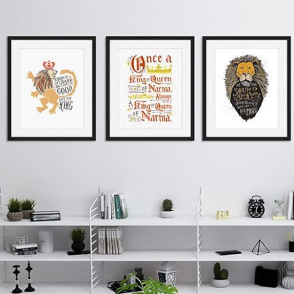 Chronicles of Narnia Art Set, Narnia Art Print Set, CS Lewis Quote Wall Decor Set, Literary Wall Art, Aslan Art Prints, Christian Nursery