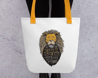 Chronicles of Narnia Tote Bag, Literary Tote Bags, Aslan Lion Bag, Sound of His Roar Book Quote Tote Bag, Christian Tote Bag, CS Lewis Quote