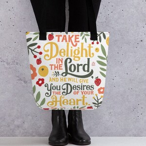 Take Delight in the Lord Tote Bag, Psalm 37:4 Bible Verse Tote Bag, Christian Tote Bag, Scripture Tote Bags, Christian Women Gifts