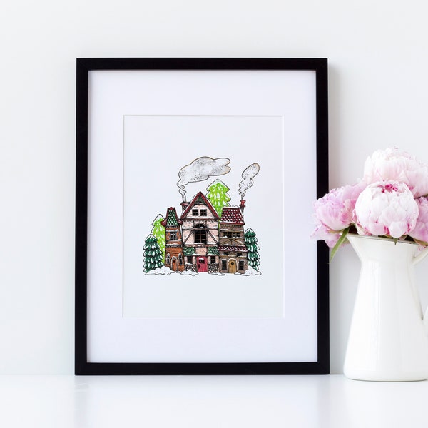 Snowy English Village Printable Art Download | 8x10 Printable Artwork | Illustrated House Instant Download Art Print | Whimsical Village