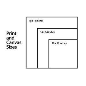 May include: Diagram showing three different print and canvas sizes: 18 x 18 inches, 14 x 14 inches, and 10 x 10 inches.